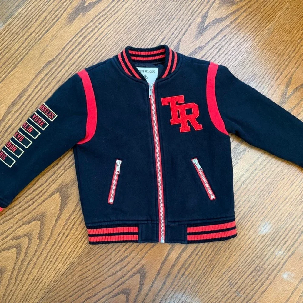True Religion Black Red Varsity Bomber Jacket Eagle 3T Kidcore Designer Unisex